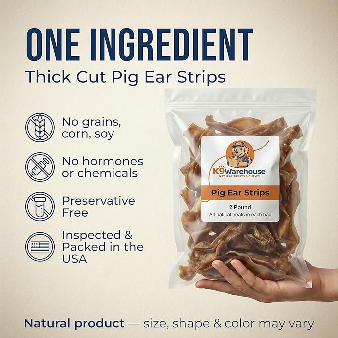K9warehouse Pig Ears Strips - 32oz USA Packed - Natural Bulk Pig Ear Slivers - Treats Made of 100% Pure Pork - Alternative to Rawhide Chews - Thick Cut Pigs Ear Dog Treats for Small to Large Dogs