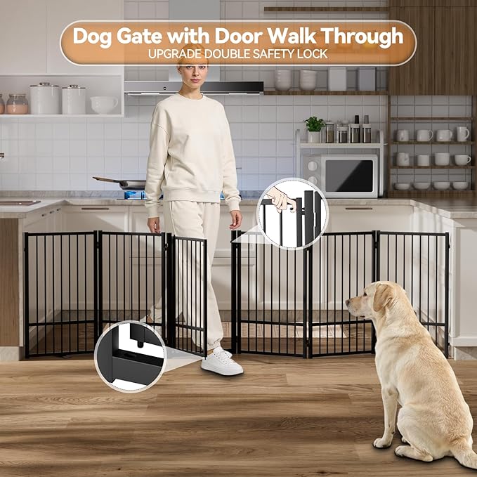 Full Metal Freestanding Dog Gate with Door, 32''Height Foldable Pet Dog Fence for Indoor & Outdoor, 6 Panels Extra Wide Free Standing TallDog Gates for Doorways,House,Stairs,Porch,Deck,Yard