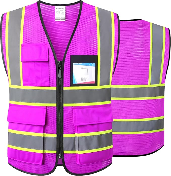Purple Safety Vest for Men Women Reflective with 8 Pockets and Zipper Front Mesh High Visibility Vest Hi Vis Construction Work Vest,Meets ANSI/ISEA Standards(EKH1-Purple-L)