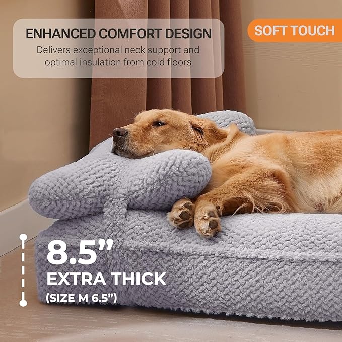 Soft Touch Faux Fur Dog Bed for Extra Large Dogs 8.5" Extra Thick, Orthopedic Pet Bed with Waterproof Liner and Washable Cover, with Removable Cute Pillow, Grey Color