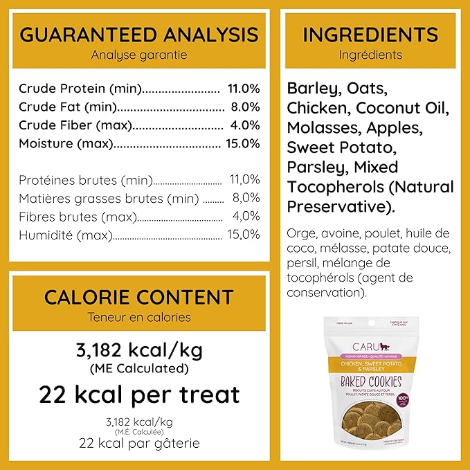Caru - Chicken, Sweet Potato & Parsley Baked Cookies - Natural Treats for Dogs - Human Grade Ingredients - Flavorful - Wheat, Corn, Soy & Legume Free - Non-GMO - Made in USA - 4 oz - 1 Pack
