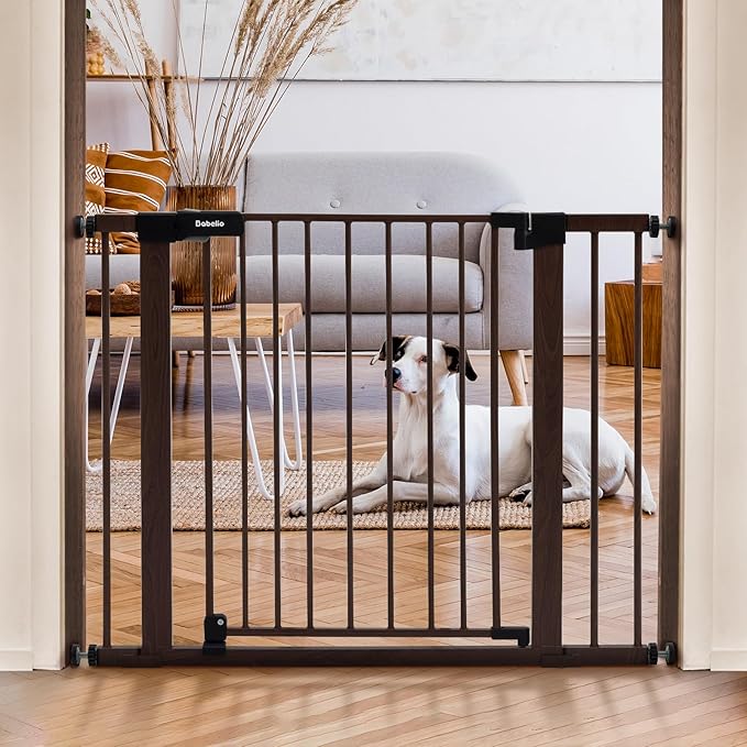 Mom's Choice Award Winner-BABELIO 26-40" Metal Baby Gate with Black Wood Pattern, PressGuard C5 Easy Install Pressure Mounted Dog Gate for Stairs and Doorways, with Wall Protectors and Extension Kits