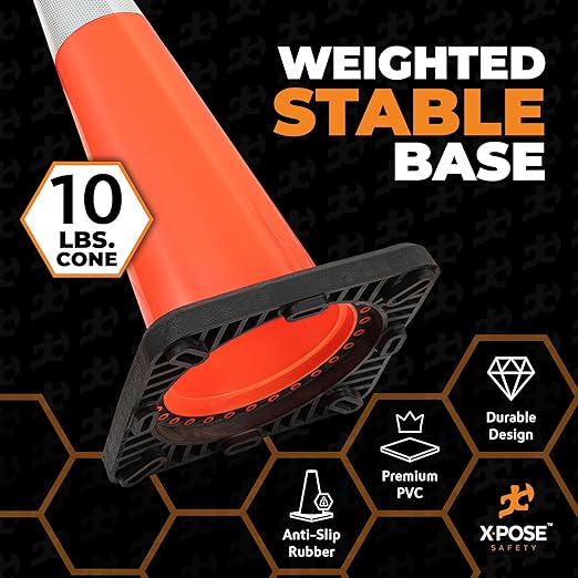 Xpose Safety 36 Inch Orange Slim Line Traffic Cones with 6" & 4" Collars, 1 Pack Multipurpose PVC Plastic Safety Cone for Parking, Soccer, Caution, Kids & Construction - DOT Approved