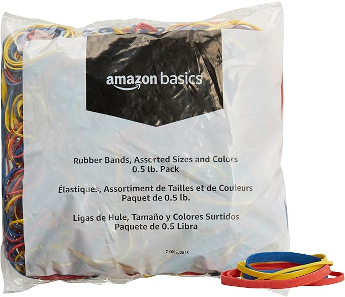 Amazon Basics Assorted Size and Color Rubber Bands, 0.5 lb.