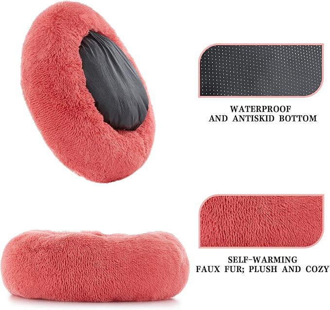 SunStyle Home Dog Bed Medium Size, Machine Washable Donut Round Calming Dog Bed, Anti-Anxiety Fluffy Plush Faux Fur with Anti-Slip Bottom Cushion for Medium and Large Pets