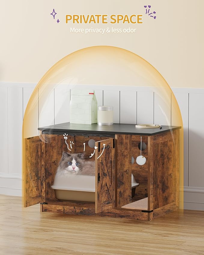 Cat Litter Box Enclosure, Hidden Litter Box Cabinet Furniture with Bell, Indoor Cats House, Farmhouse Style, 31.5 x 19.7 x 20.9Inches, for Hallway, Bedroom, Rustic Brown and Black CB82401X