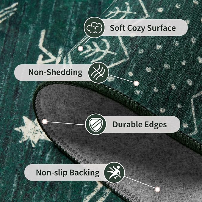 SERISSA 2x6 Kitchen Runner Rug, Washable Non-Slip Dark Green Boho Rug, Soft
