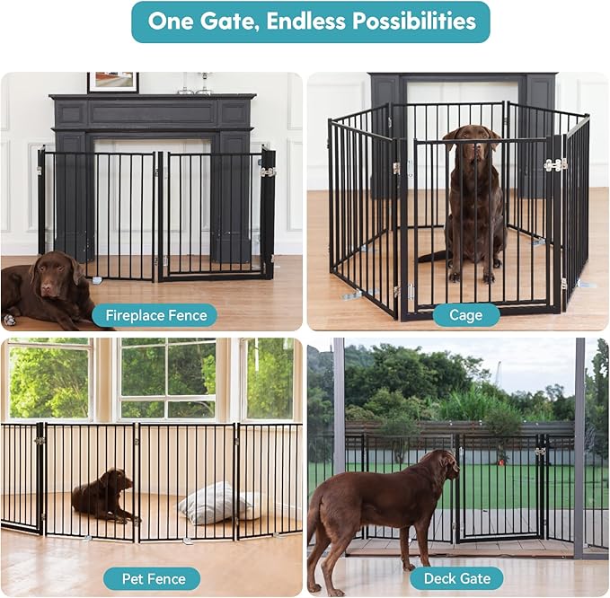 No Pawblems Free Standing Dog Gate with Door, 30'' Tall Foldable Dog Fence for Indoor & Outdoor, Up to 104 Inch Extra Wide Puppy Gate for Stairs, Hallways, Doorways, Deck, Yard (Black, 4 Panels)