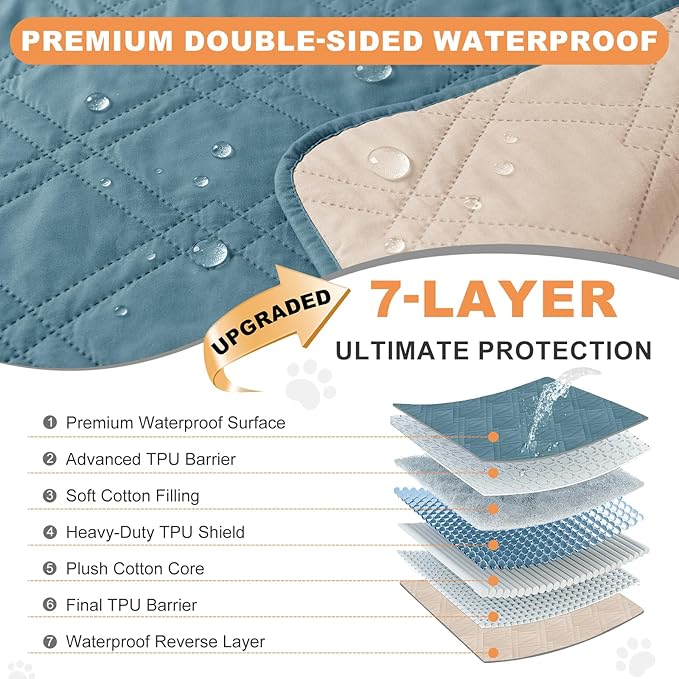 100% Waterproof Dog Couch Protector, Triple-Layer Waterproof Dog Bed Cover Pet Blanket Reversible 2-Tone Sofa Shield, Non-Slip Furniture Guard for Pets(42×50 Inch, Gray Blue+Apricot)