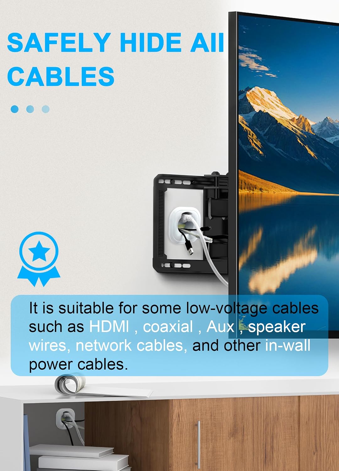 in Wall Cable Management Kit with Hole Saw Drill Attachment - Includes Power & Low Voltage Cord Management - Hide TV Wires for Wall-Mounted TVs, White