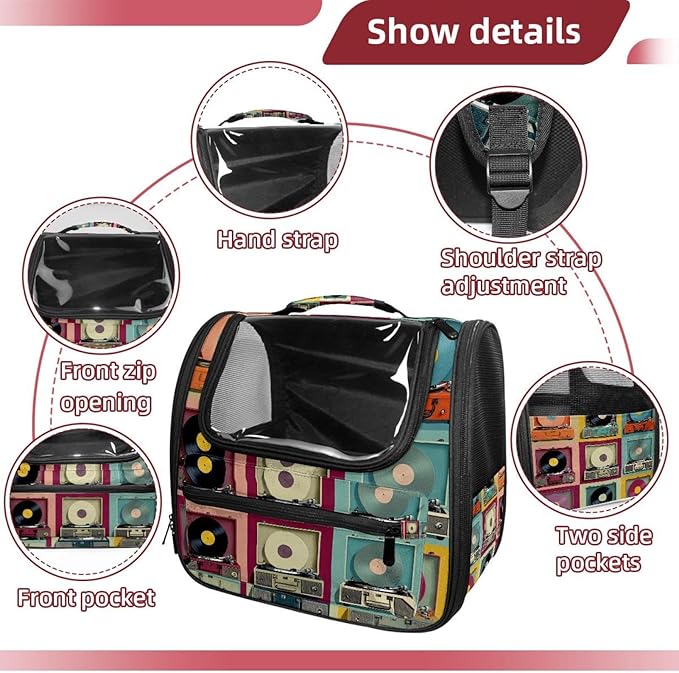 Color Record Player Pattern (1) Cat Carrier Backpack,900D Wear-Resistant Oxford Fabric, Dog Carrier Cat Backpacks Suitable for Travel