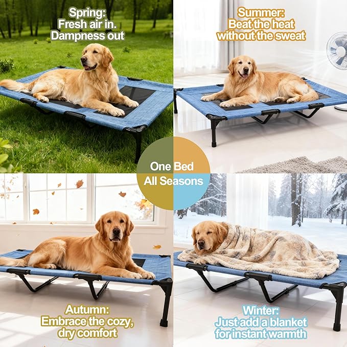 Raised Dog Bed Cooling Cot for Indoor Outdoor Use Portable Waterproof Mesh Pet Bed Washable for Large Medium Small Dogs, Blue