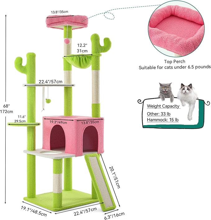DWVO 68" Tall Cactus Cat Tree: Cats Tower with Sisal Scratching Posts, Kittens Hideout Pet House - Multi-Level Indoor Activity Center for Climbing Play, Green & Pink