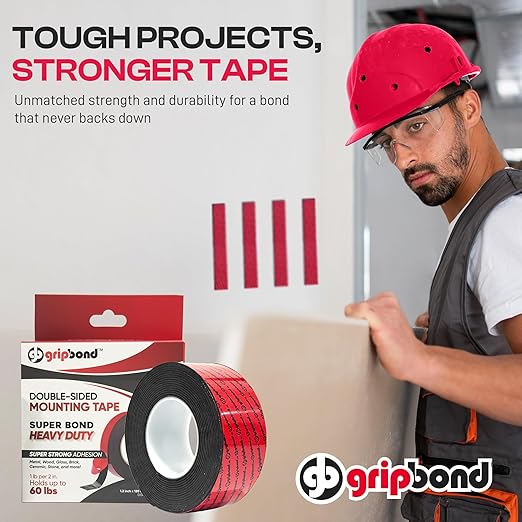 GripBond Black Super Bond Heavy Duty Double Sided Tape, 4 Rolls (10 Ft), 1.2” x 120” – Waterproof Adhesive Mounting Tape for Indoor/Outdoor, Walls, Automotive, Car, LED Strip Lights, Home, Office