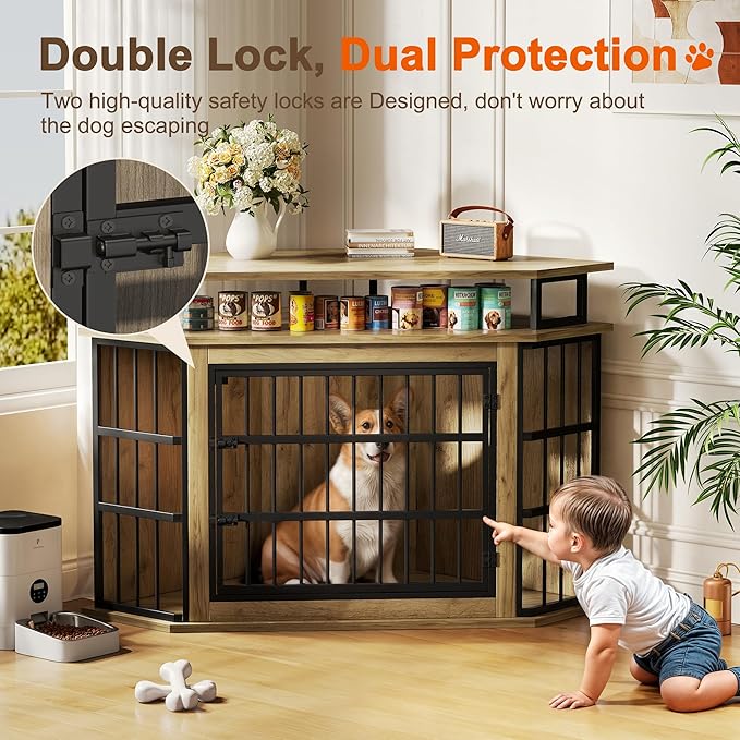 51" Corner Dog Crate Furniture, Wooden Dog Kennel Furniture with 2-Tier Shelves, Decorative Wood Dog House for Small/Medium/Large Dog, Space-Saving Dog Cage for TV Stand（Oak）