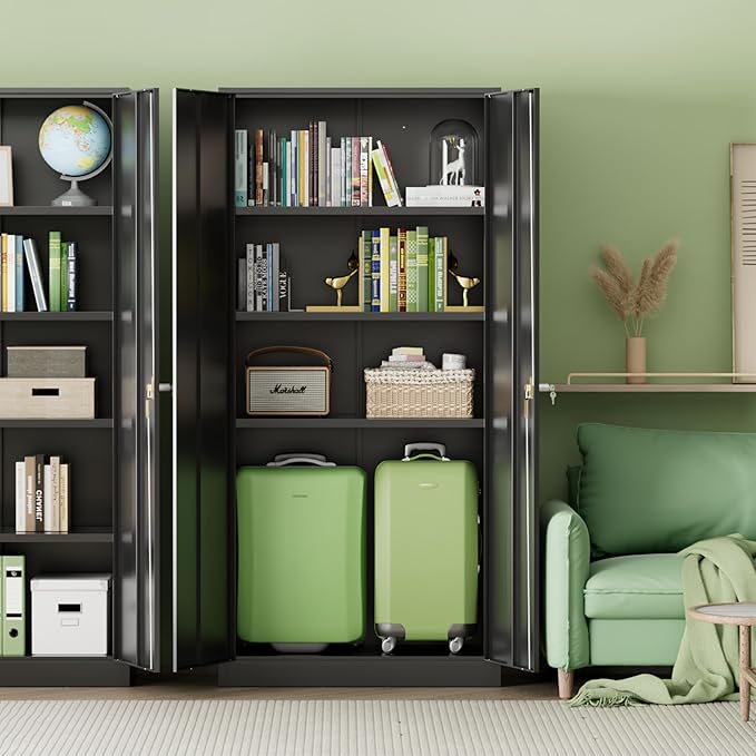 INTERGREAT 72-Inch Metal Storage Cabinet for Garage, Lockable Steel Cabinet with Doors and Adjustable Shelves, Black Locking Storage Unit for Office, Home, Gym, and School.