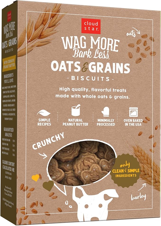 Cloud Star Wag More Bark Less Oats & Grains Crunchy Dog Treats, Peanut Butter, 16 oz. Box (Pack of 2)