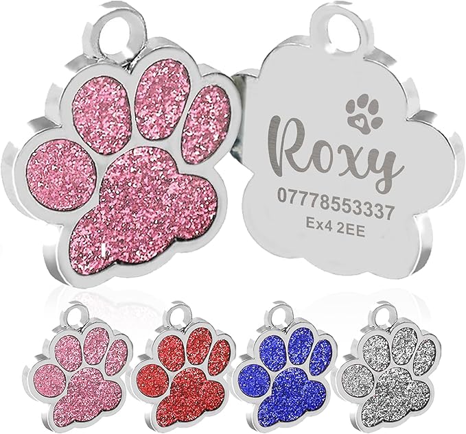 EDSG Cat Dog Tags Personalized for Pets, Dog Name Tags Cat Name ID Tag, Engraved Dog Tags Dog ID Tags Small Glitter Bling ID Tag Paw Print for Cat Pet Dog Puppy(Silver,Design 4)