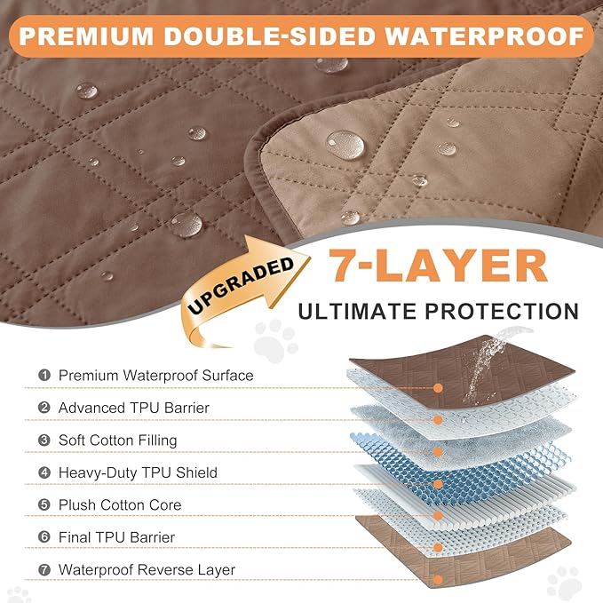 100% Waterproof Dog Couch Protector, Triple-Layer Waterproof Dog Bed Cover Pet Blanket Reversible 2-Tone Sofa Shield, Non-Slip Furniture Guard for Pets(68×82 Inch, Brown+Taupe)