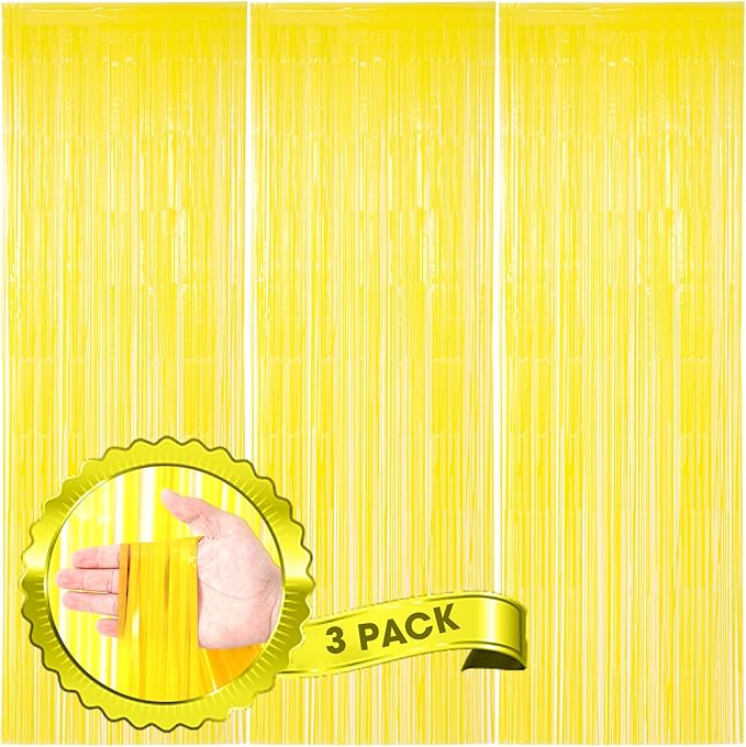 3 Pack 3.3 x 8.2 ft Pastel Yellow Foil Fringe Backdrop Curtains, Tinsel Streamers Birthday Party Decorations, Fringe Backdrop for Graduation, Baby Shower, Gender Reveal, Disco Party