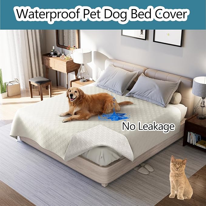 Dog Bed Cover Waterproof Microfiber Quilted Mattress Cover Pet Mat Silicon Non Slip 9 Size Furniture Protectors for Bed Sofa Couch (208 x 259 cm/82 x 102 in,Ivory)