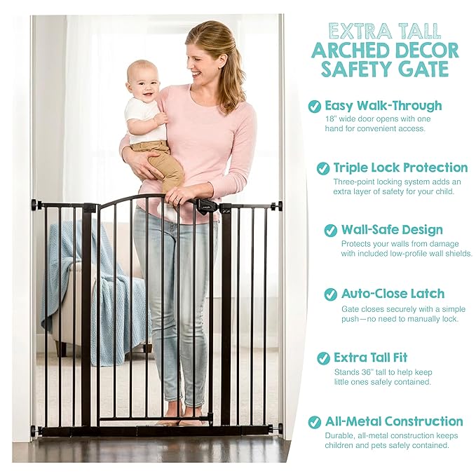 Regalo Safety 36" Extra Tall Home Accent Arch Baby Gate with Door, Pressure Mount for Doorways & Bottom of Stairs, Babies, Toddlers & Pets, Tested & Trusted, American Designed, Family Owned