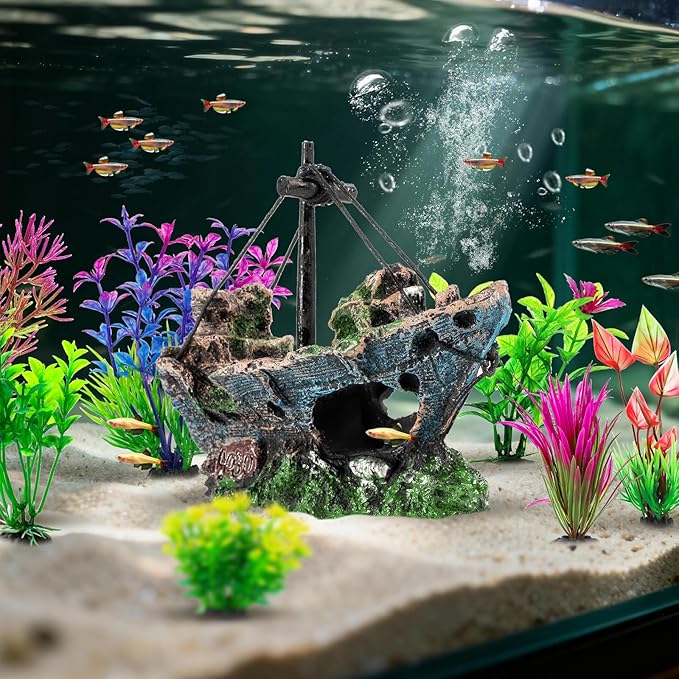 8Pcs Fish Tank Decorations Set Sunken Ship Decoration,Resin Material Fish Tank Accessories Accessories for Natural Look, Aquarium Shipwreck x 1pc, Aquatic Plants x 7pcs