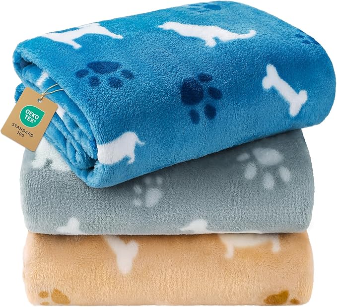 Luciphia 1 Pack 3 Blankets, Cute Dog Printed Fluffy Fleece Pet Blanket for Dogs Cats Washable, Warm Soft Throw Cover for Crate Couch, Gifts Puppy Essentials, Blue/Grey/Khaki, Large (41x31 inch)