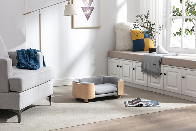 Scandinavian Style Elevated Dog Bed Pet Sofa with Solid Wood Legs and Bent Wood Back, Velvet Cushion, Small Size, Natural Frame & Light Grey Cushion