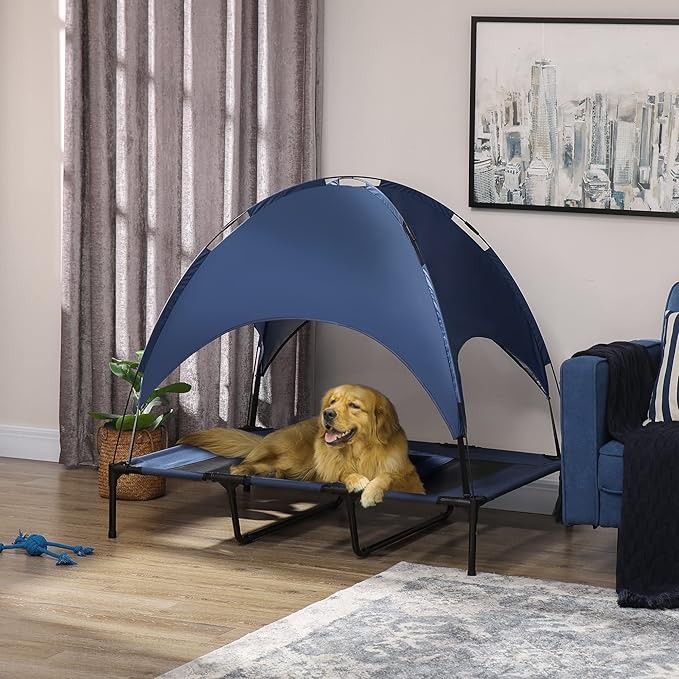 PawHut Elevated Dog Bed with Canopy, Portable Raised Dog Cot for XL Sized Dogs, Indoor & Outdoor, 48" x 36" x 43", Dark Blue