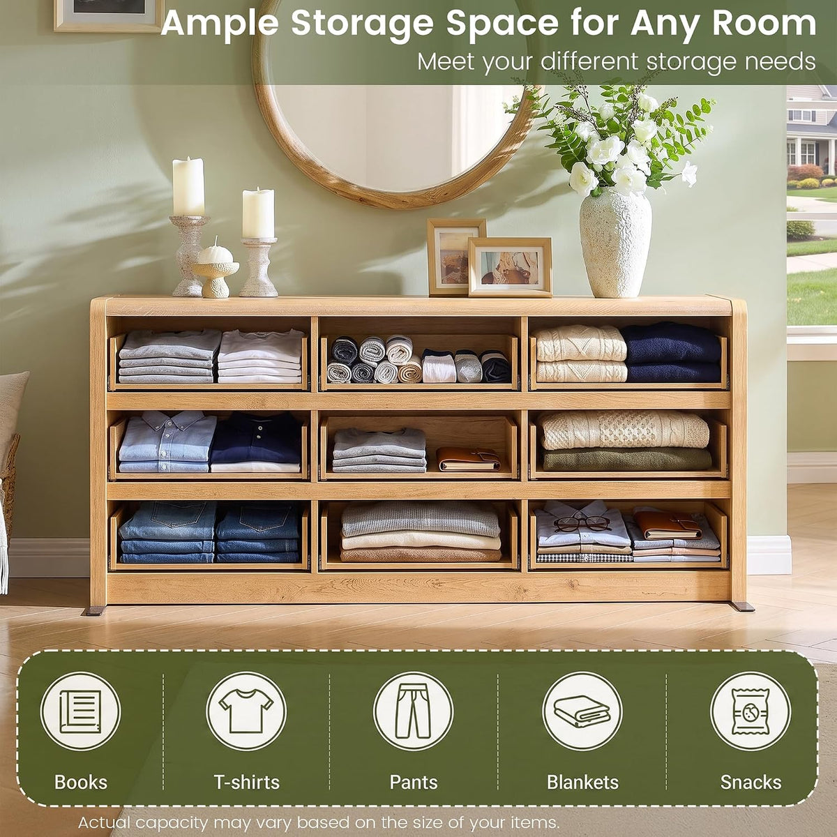 Modern 9 Drawers Dresser for Bedroom, 63” Wide Large Dressers & Chest of Drawers, Front Rounded Corner Handleless Design, Storage Dressers Organizer for Hallway, Living Room, Natural Color