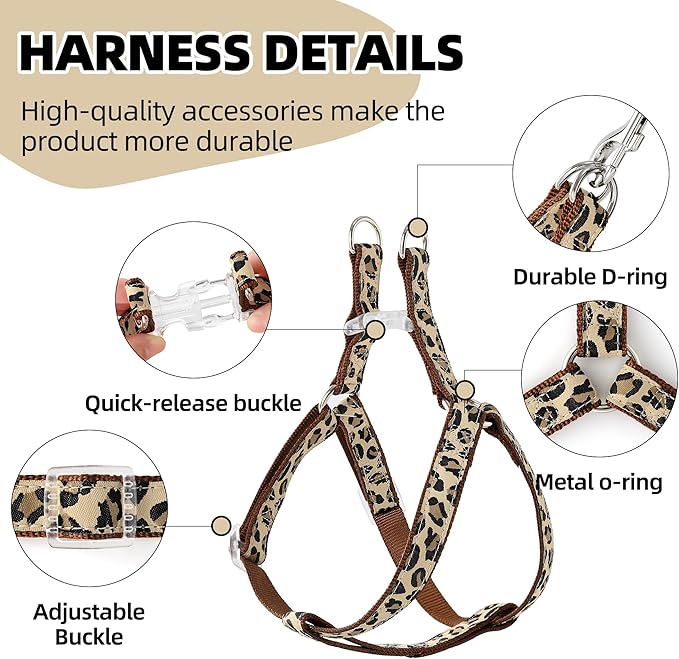 Mile High Life Leopard Dog Harness Collar Leash Set, Adjustable No Pull Dog Halter Harness for Small Breed Dogs, Easy Control for Training Walking (Brown, M Chest 15"-21", Neck 13"-17")