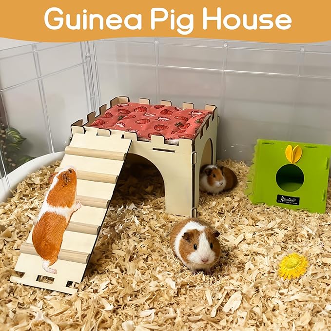 Guinea Pig Hideout,Large Wooden Guinea Pigs House with Stairs and Mats,Detachable Guinea Pig Castle Hide for Small Animals Hamster Chinchilla Ferret Habitats Accessories