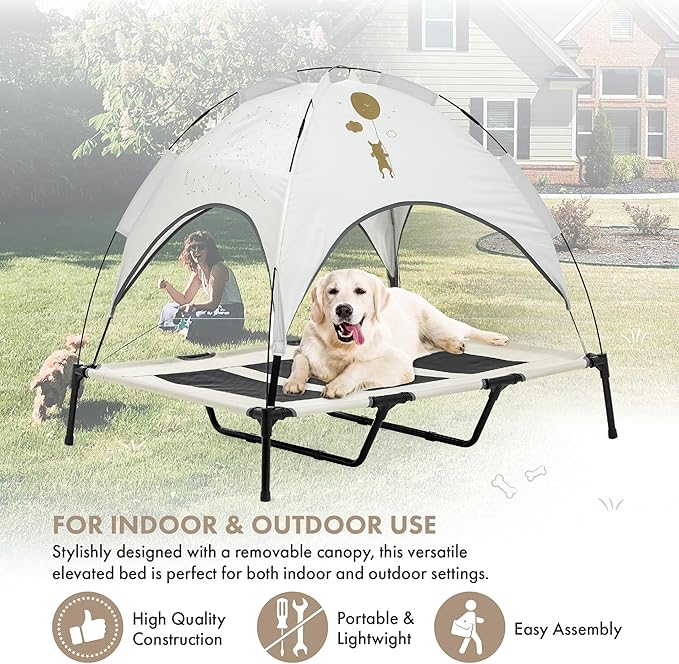 GrandTies Cooling Elevated Dog Bed with Canopy – XL Portable Pet Cot for Outdoor & Indoor Use – Waterproof Removable Shade, Breathable Mesh, Slip-Resistant Feet, Easy Assembly – Ivory White