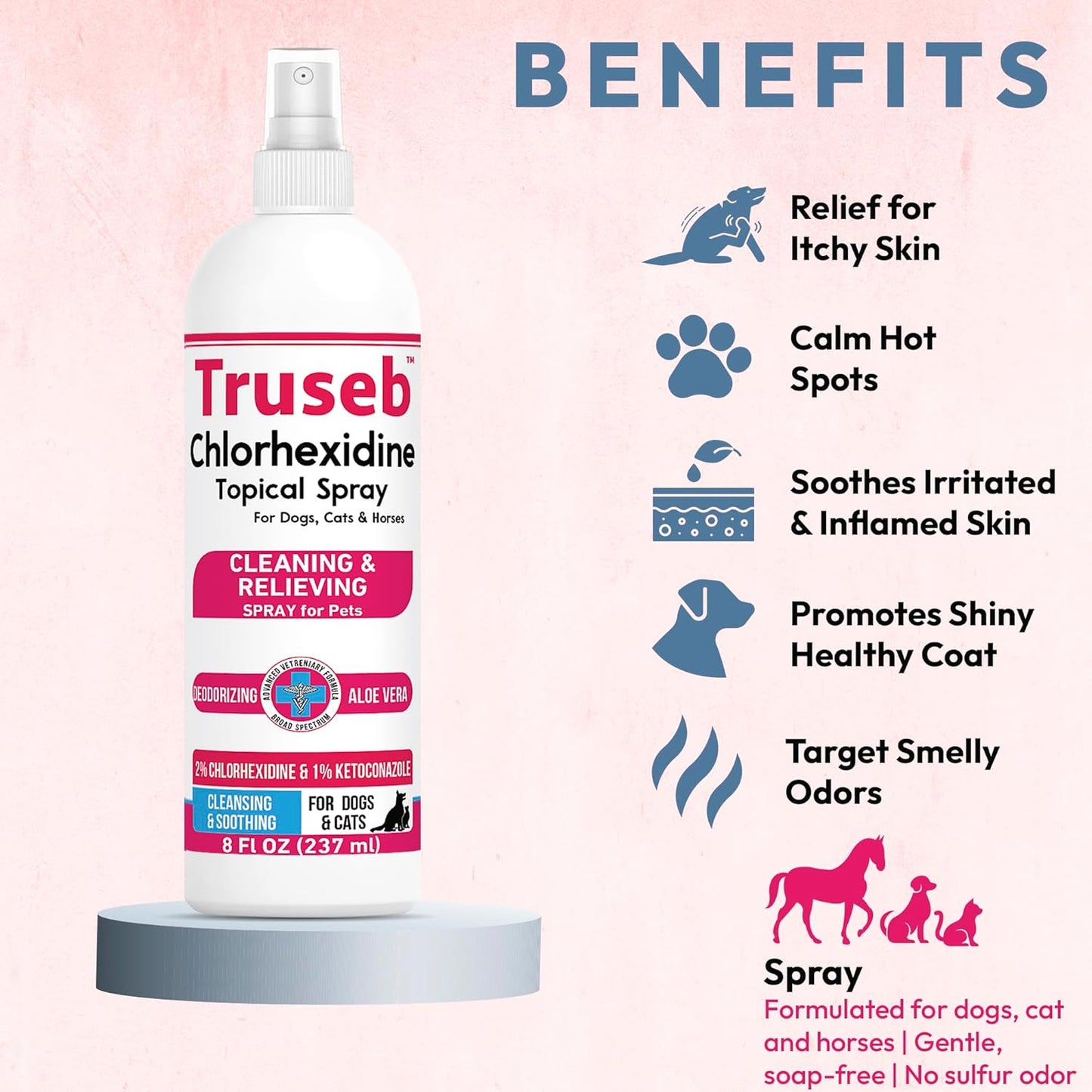 Truseb Topical Ketoconazole and Chlorhexidine Spray for Dogs, Cats, and Horses with Aloe - 8 oz (Ketoconazole & Chlorhexidine Spray, 8 oz)