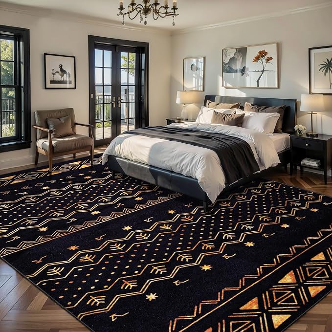 SERISSA 8x10 Area Rugs for Living Room, Washable Non-Slip Black and Gold Boho