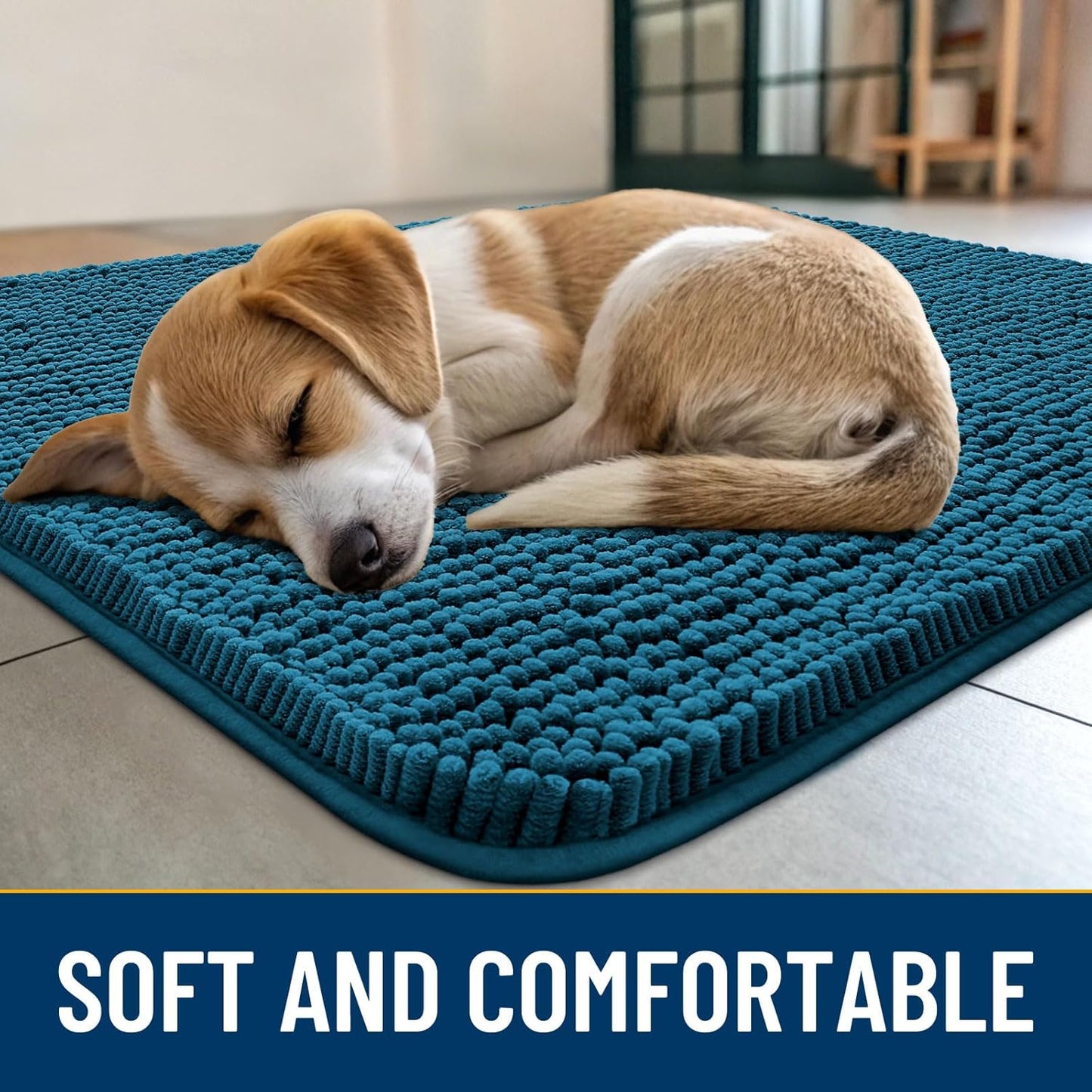 Smiry Dog Door Mat for Muddy Paws 47x24, Absorbs Moisture and Dirt Doormat, Non-Slip Washable Quick Dry Chenille Front Door Mat Indoor Entrance, Entryway Carpet for Inside Floor, Atlantic Blue