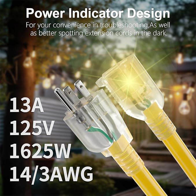 HUANCHAIN 75 ft 14/3 Gauge Heavy Duty Outdoor Extension Cord Waterproof with Lighted, Flexible Cold Weather 3 Prong Electric Cord Outside, 13A 1625W 125V 14AWG SJTW, Yellow, ETL Listed