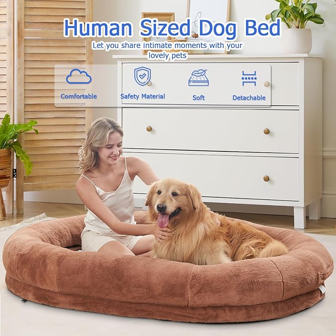 Human Dog Bed - 72"x48"x10" Large Gaint Shared Bed for Adult - Flufelbed Standard Cloud Bed for Humans and Dogs - Nap Bed Bean Bag Bed Faux Fur Fluffy Orthopedic Pet Bed Large Brown
