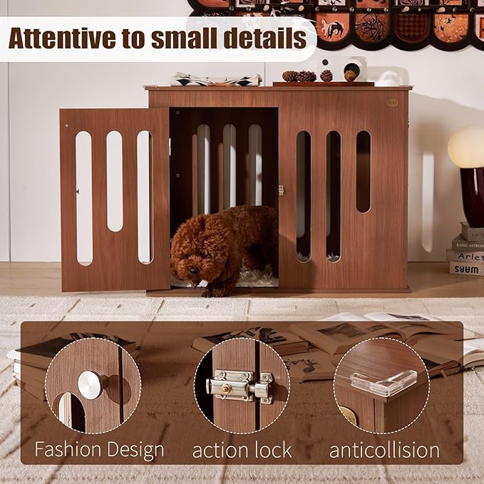 32 Inch Dog Crate Furniture for Medium Small Dogs with 2 Quick-Release Doors, Waterproof Multi-Layer Solid Wood in Walnut Color, Doubles as TV Stand,Side Table