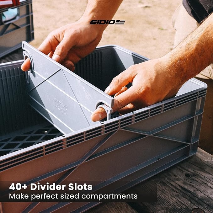 SIDIO Quarter Crate 4 Pack of Stackable Storage Bins - Organizer Bins with Dividers for Garage Organization, Home Storage - Heavy Duty Plastic Containers - 19.16” x 12.75”x 4.57” (Gray)