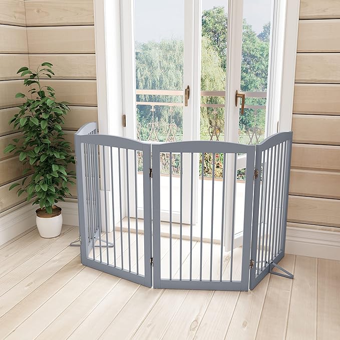 Freestanding Pet Gate for Dogs, Indoor Wooden Dog Gate for House, Foldable Dog Gate for Doorway, Stair, Gates for Dogs Indoor, 80 Inch Wide, 4 Panels 32", Grey