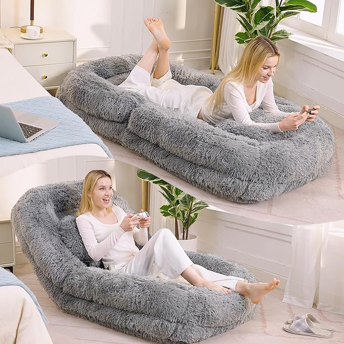 Human Dog Bed for Adult and Kids, Comfy Foldable Lazy Floor Sofa Bed with 5 Adjustable Position, Grey Upholstered Floor Bean Bag Lounger Chair for Bedroom, Living Room,Office (Gray)