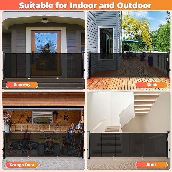 120" Extra Wide Retractable Baby Gates Mesh Gate, Long Retractable Dog Gate for Large Opening, 42" Extra Tall Child Safety Gate Pet Gate with Support Rods for Stairs Hallways Doorways Indoor Outdoor