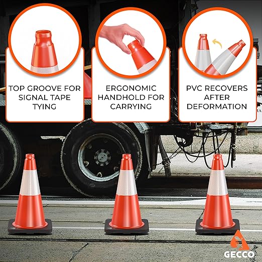 GECCO ™ (320 Cones per Pallet) 18 Inch 3.3 Lb Small Orange Traffic Cones in Bulk | Wholesale Safety Cones, Orange Cones, Parking Cones, Construction Cones | PVC Plastic & Black Base - [PRO Series]