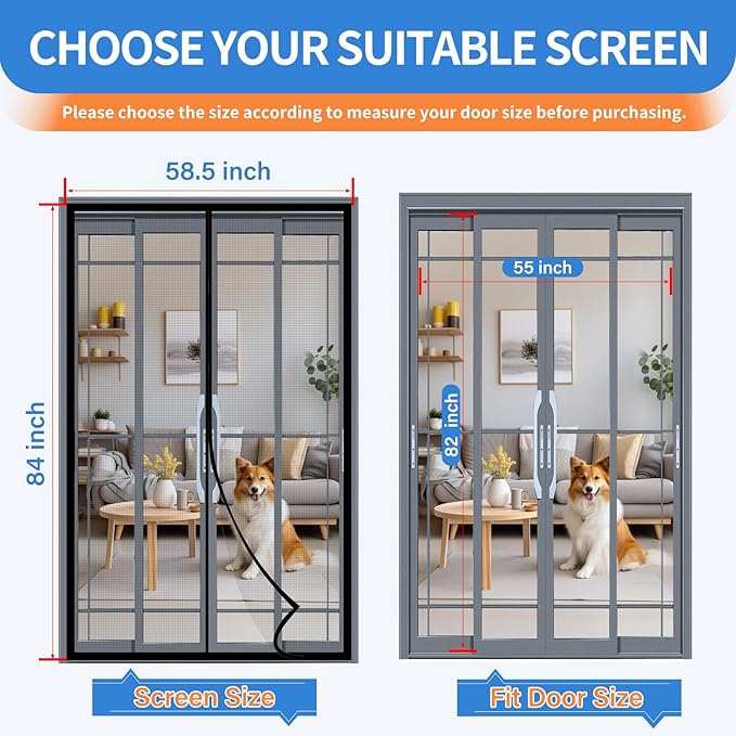 Upgraded PET Mesh Magnetic Screen Door Stronger Than Fiberglass and Polyester,Hands Free,Keep Bugs Out,Pet & Kid Friendly,Suitable for Sliding Doors,Patio and French Doors-55" X 82"