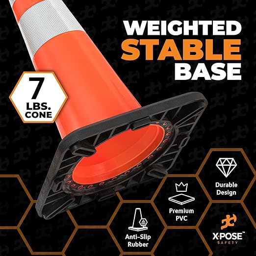 Xpose Safety 28 Inch Orange Slim Line Traffic Cones with 6" & 4" Collars, 12 Pack Multipurpose PVC Plastic Safety Cone for Parking, Soccer, Caution, Kids & Construction - DOT Approved