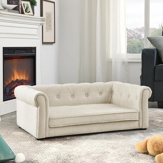 38.9" Elevated Dog Sofa with Button‑Tufted Backrest & Rolled Armrests, Pet Couch Bed with Removable Soft Cushion, Comfortable Upholstery Raised Dog Bed with Thick Padding for Living Room,Bedroom