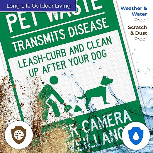 Pet Waste Leash-Curb and Clean Up After Your Dog Under Camera Surveillance Sign, 18x24 Inches, 3M EGP Reflective .080 Aluminum, Fade Resistant, Made in USA