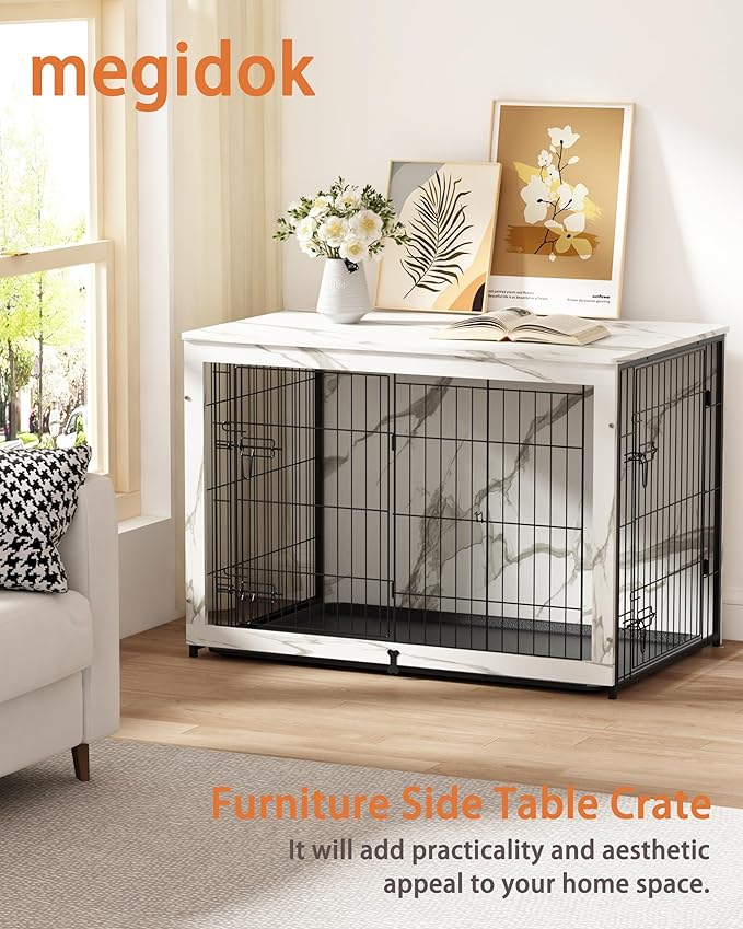 Megidok Wooden Dog Crate Furniture with Cushion,Large Dog Crate End Table with Tray, Double Doors Kennels Indoor (43.1" L*28.6" W*30.3" H, Marble White)